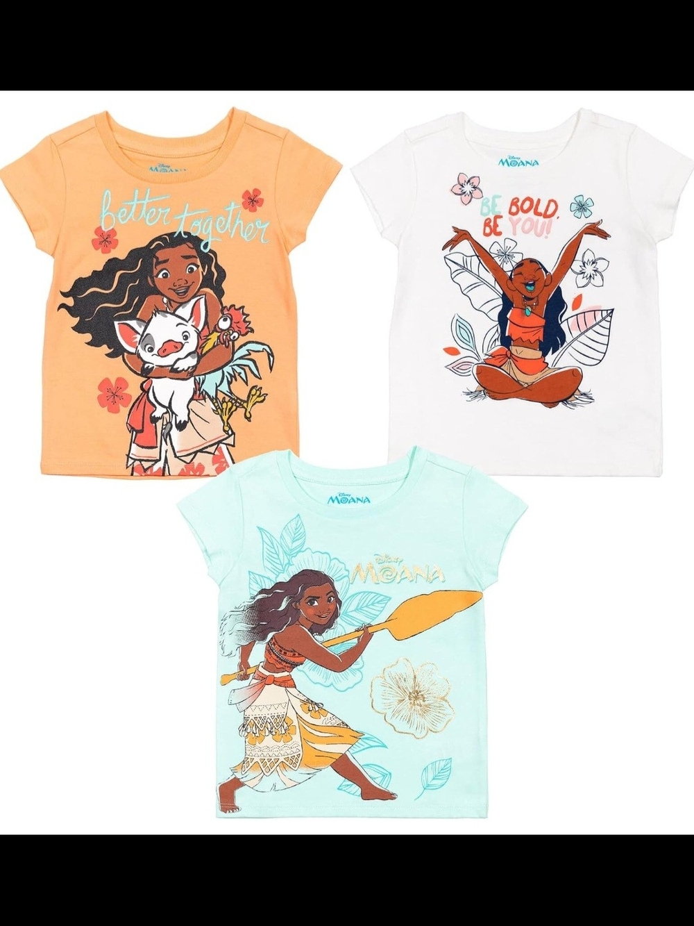Disney Girls' Moana Graphic Tee Pack - Orange White Aqua